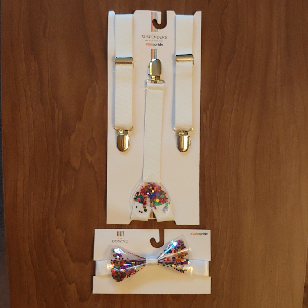 Rainbow Confetti Suspenders + Bow Tie Pride